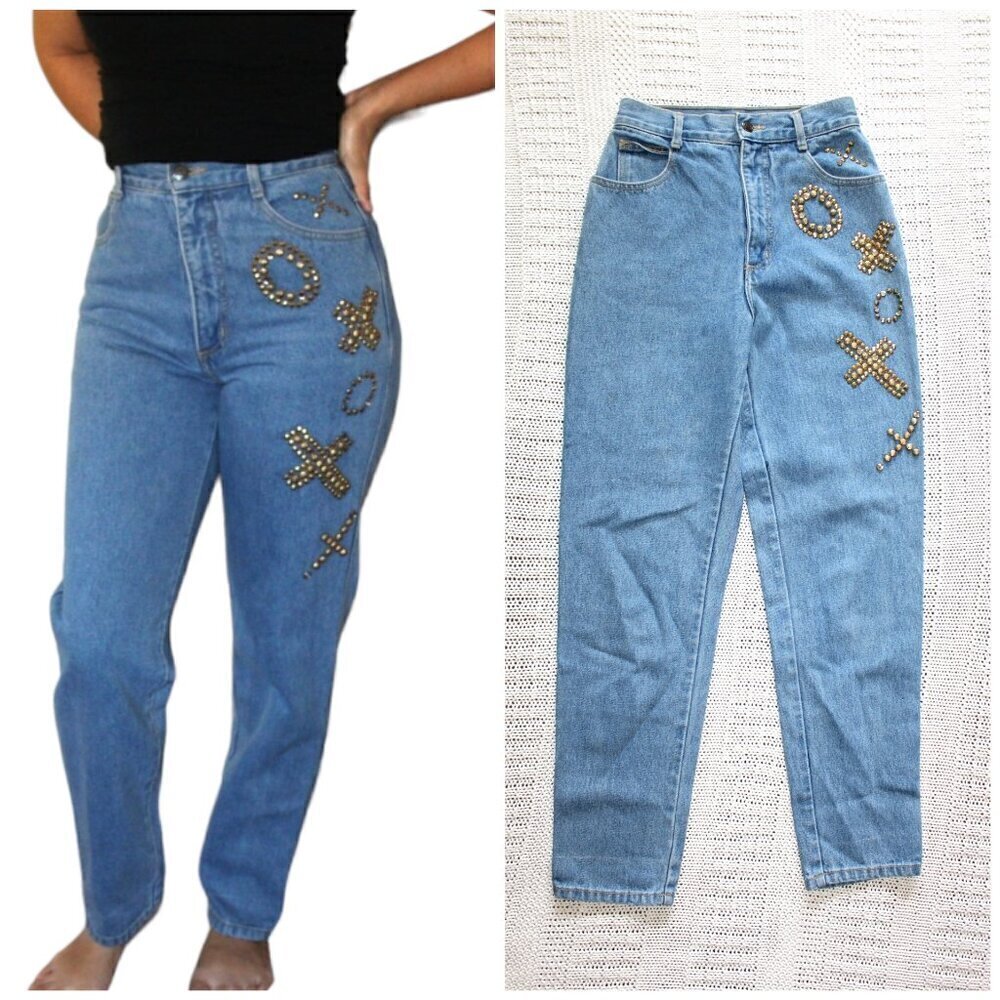 VTG Cache 90s High Rise Y2K women Jeans Yellow Rhinestone embellished Denim 6